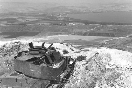 One of the Syrian tanks in its fortified position at "Tawfik", dominating Kibbutz Tel Katzir and the settlements on the Sea of Galilee . -GPO 08/05/1967