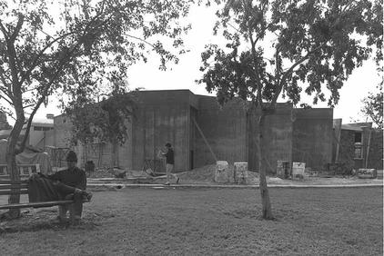 Concrete wall facing direction of Syrian border protecting dining hall of Kibbutz Shamir -GPO 1/1/1967